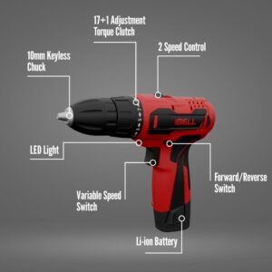 IBELL 12V Cordless Drill Driver CD12-74|17 Settings (+1 Mode setting)|1450 RPM|10mm Keyless Chuck|LED Light |2-Speed Mode|1500mAh Battery|32 Accessories|Perfect for Home & DIY Projects - Image 5