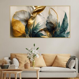 DEKORSTATION Canvas Floral Painting for Bedroom Living Room Wall Decoration Abstract Elegant Golden Flower Floating Frame Wall Paintings for Home and Office Décor Size : 24x48 Inches - Image 2