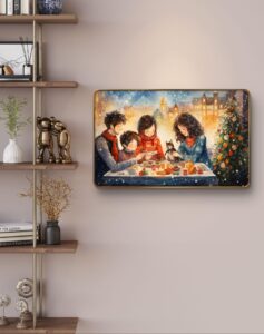Livin'luxe paintings family with Christmas tree Premium Sparkle Lamination Finished Surface Golden Slim Frame 50 cm x 34 cm Large Size, For Home/Office/Hotel painting MG604 - Image 3