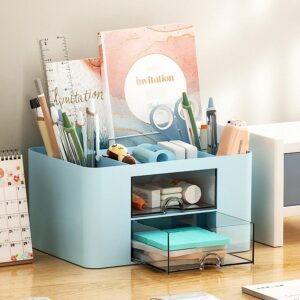 Amazon Brand - Umi Multi-functional Desk Organiser with 5 Compartments & 2 Drawer Desktop Office Supplies Stationery Storage Box Cosmetic Organizer for Pens Staplers Clips Sticky Notes - Blue - Image 2