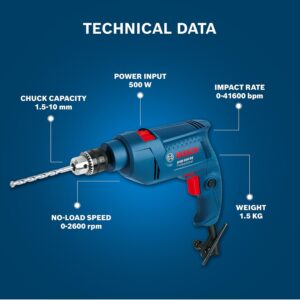BOSCH Professional GSB 500 RE Corded-Electric Drill Tool Set | 500 W Motor | 100-piece Tools Box Kit | Speed Range upto 2600 RPM | Impact Rate upto 41600 BPM | Chuck Capacity of 10 mm | 1 Yr Warranty - Image 5