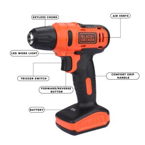BLACK+DECKER LD12SP 12V 10mm Li-ion Cordless Variable Speed Reversible Drill Machine Driver with 10 Screwdriver & 2 Drill Machine Bits for Home & DIY Use, 1 Year Warranty, ORANGE & BLACK - Image 3