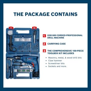 BOSCH GSB 600 Corded Electric Impact Drill, 100Pcs Accessory Set | 600 W Motor | Speed of 3000 RPM | Rated Torque of 1.4 Nm | Impact rate of 48000 BPM | Double Insulation | 1 Year Warranty - Image 3