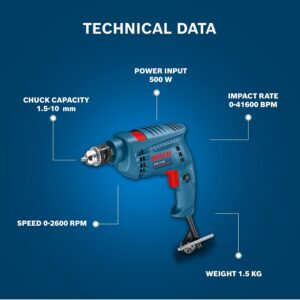 BOSCH GSB 10 RE Corded-Electric Tool Kit | 100-piece Tools Box Kit | Power Supply 500W | Impact Drill Machine | Impact Rate upto 41600 BPM | Speed upto 2600 RPM | 1 Yr Warranty - Image 5