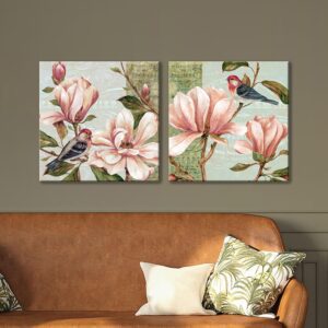 Painting Mantra Stretched Modern Canvas Painting, Magnolia Pink Flowers Blossom Artwork for Wall Art, Living Room, Home, Bedroom, Office Decoration (Set of 2, 12x12 Inch) - Image 2