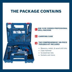 BOSCH GSB 10 RE Corded-Electric Tool Kit | 100-piece Tools Box Kit | Power Supply 500W | Impact Drill Machine | Impact Rate upto 41600 BPM | Speed upto 2600 RPM | 1 Yr Warranty - Image 3
