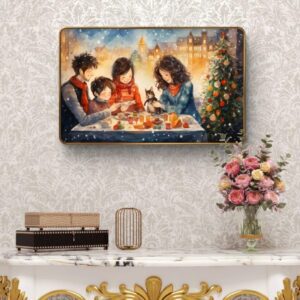 Livin'luxe paintings family with Christmas tree Premium Sparkle Lamination Finished Surface Golden Slim Frame 50 cm x 34 cm Large Size, For Home/Office/Hotel painting MG604 - Image 2
