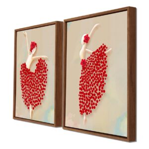 Art Street Red Floral Dancing Lady Framed Canvas Painting Set of 2 Wall Art Print-13x17 inch - Image 4