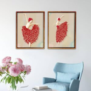 Art Street Red Floral Dancing Lady Framed Canvas Painting Set of 2 Wall Art Print-13x17 inch - Image 3
