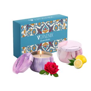 Vervenix Luxury Scented Candles with Reusable Painted Tin Can Set - 100% Natural Soy Wax, Long-Lasting Aromatherapy Candles for Stress Relief and Home Decor, Rose & Lemon Fragrances(Pack of 2) - Image 2