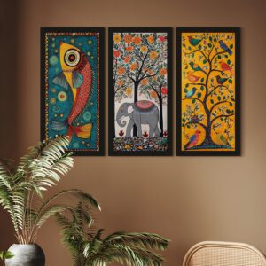 PAPER PLANE DESIGN Madhubani paintings for living room. Set of 3 canvas wrapped framed madhubani art for wall decor. 12 x 24 inch x 3 frames. (B) - Image 3