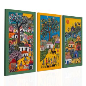 PAPER PLANE DESIGN Madhubani paintings for living room. Set of 3 canvas wrapped framed madhubani art for wall decor. 12 x 24 inch x 3 frames. (E) - Image 4