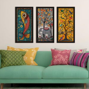 PAPER PLANE DESIGN Madhubani paintings for living room. Set of 3 canvas wrapped framed madhubani art for wall decor. 12 x 24 inch x 3 frames. (B) - Image 7