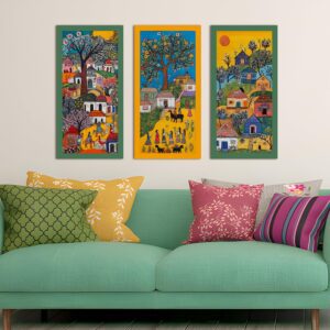 PAPER PLANE DESIGN Madhubani paintings for living room. Set of 3 canvas wrapped framed madhubani art for wall decor. 12 x 24 inch x 3 frames. (E) - Image 7