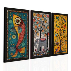 PAPER PLANE DESIGN Madhubani paintings for living room. Set of 3 canvas wrapped framed madhubani art for wall decor. 12 x 24 inch x 3 frames. (B) - Image 4