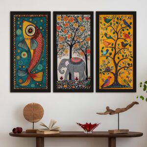 PAPER PLANE DESIGN Madhubani paintings for living room. Set of 3 canvas wrapped framed madhubani art for wall decor. 12 x 24 inch x 3 frames. (B) - Image 2