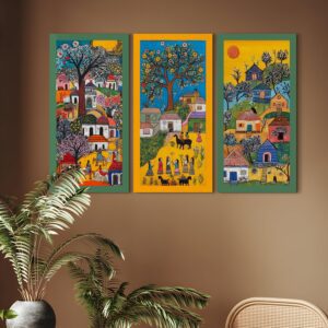 PAPER PLANE DESIGN Madhubani paintings for living room. Set of 3 canvas wrapped framed madhubani art for wall decor. 12 x 24 inch x 3 frames. (E) - Image 3