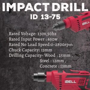IBELL Impact Drill ID13-75, 650W, Copper Armature, Chuck 13mm, 2800 RPM, 2 mode selector, Forward/Reverse with variable speed - Image 7
