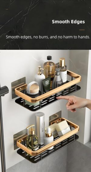 JIALTO 2 Pcs Aluminium Heavy Duty Self Adhesive Bathroom Accessories Set Bathroom Kitchen Shelf Rack, Multipurpose Wall Mounted Washroom Organizer (Black) - Image 8