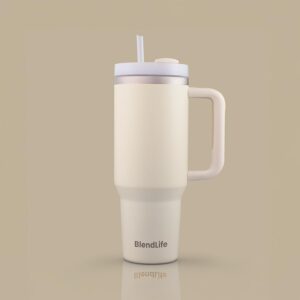 BlendLife Insulated Premium Vacuum Tumbler with Handle, Lid, and Straw - Thermal Stainless Steel Travel Mug, Double-Walled for Water, Iced Tea or Coffee, 1.2 litres, 1-Year Warranty - Cream - Image 2