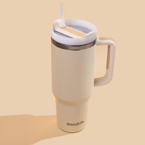 BlendLife Insulated Premium Vacuum Tumbler with Handle, Lid, and Straw - Thermal Stainless Steel Travel Mug, Double-Walled for Water, Iced Tea or Coffee, 1.2 litres, 1-Year Warranty - Cream - Image 5