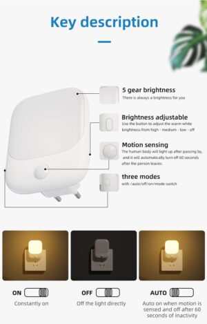 Blackt Electrotech (Bt81S Plugin Night Light, Motion Sensor With Adjustable Brightness 3 Lighting Mode And Auto/On/Off For Children, Bedroom, Hallway Light Warm White (Pack 2) - Led - Image 4