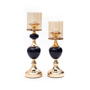 EZ Life Sylvia Metal & Black Stone Candle Stand Set with Champagne Glass Hurricane Candle Shades 2 Different Sizes in 1 Set-for Home Décor, Centre Table, Living Room - Decorative Centerpiece for Party - Image 4