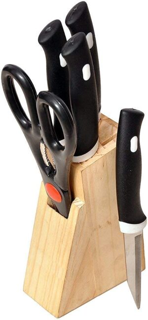 CAZINA Wood Stainless Steel Kitchen Knife Set with Wooden Block and Scissors with Stand 5-Pieces (Wood) - Image 3