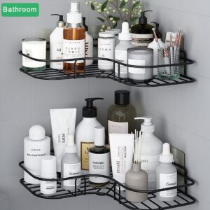 OSLEN Multipurpose Bathroom/Kitchen Corner Storage Organizer Wall Mounted Rack Shelf Shower Caddy (No Drilling - Shelf Adhesive) Bathroom Accessories Storage Rack (Black, Pack of 1) (Black) - Image 2