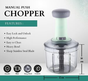 Rubicon® Manual Food Chopper | Stainless Steel & ABS Build | 4-Blade, Push-Style Vegetable, Fruit, & Meat Chopper | 900ml Capacity for Kitchen Prep - Image 5