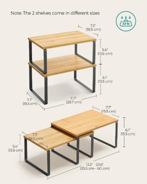 Rellon Industries Cabinet Organizer Shelf, Set of 2 Kitchen Counter Shelves, Kitchen Storage, Spice Rack, Stackable, Expandable, Metal and Engineered Wood, Black and Natural (Wooden) - Image 3