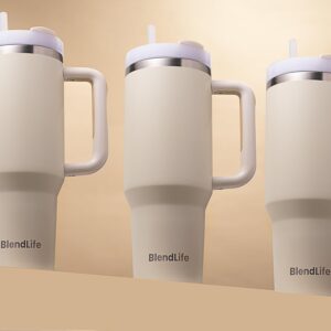 BlendLife Insulated Premium Vacuum Tumbler with Handle, Lid, and Straw - Thermal Stainless Steel Travel Mug, Double-Walled for Water, Iced Tea or Coffee, 1.2 litres, 1-Year Warranty - Cream - Image 3