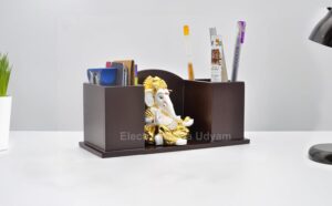 Electrum Kala udyam Ganesha with MDF Pen Stand/Card/Mobile Holder - Desk Organizer, Business Card Holder, Smartphone Stand (GOLDWHITEGADDISTAND1) - Image 5