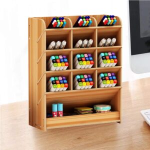 Hggzeg Wooden Desk Organizer, Multicolor-Functional Diy Pen Holder Storage Box Desktop Stationary Storage Rack For Home, Office And School (B12 Cherry ), Red - Image 4