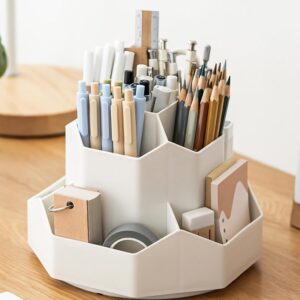 Amazon Brand - Umi Rotating Desk Organizer Pen Pencil Holder with 9 Slot 360° Desktop Organizer for Office Supplies Stationery Staplers Clips Sticky Notes Remote Mobile Holder Visiting Card - White - Image 2