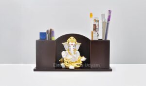 Electrum Kala udyam Ganesha with MDF Pen Stand/Card/Mobile Holder - Desk Organizer, Business Card Holder, Smartphone Stand (GOLDWHITEGADDISTAND1) - Image 4