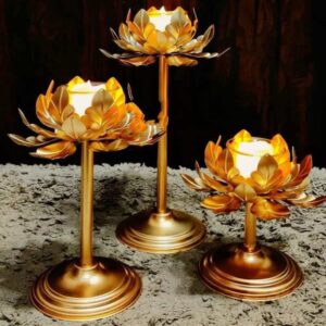 Easyera Lotus Golden Tealight Holder Stylishly Shaped Lotus Candle Stand Metal Beautiful Design Home Decoration Festival Occasions Size 12,10,8 Inch Set of 3 Not Include Glass(Adjustable) - Image 3