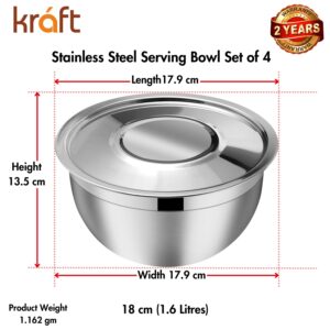 Kraft Stainless Steel Serving Bowl with Lid Set of 4 pcs - 18cm | Mixing Steel Big Bowl | Salad, Fruit, Desert, katori Set | Matt Finish, Food Grade | 2 Year Warranty - Silver - Image 10