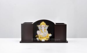 Electrum Kala udyam Ganesha with MDF Pen Stand/Card/Mobile Holder - Desk Organizer, Business Card Holder, Smartphone Stand (GOLDWHITEGADDISTAND1) - Image 2