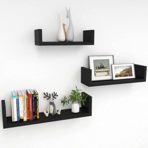 UHUD Crafts Hanging Floating Wall Mount Display U Shape Wall Shelf, Engineered Wood Wall Rack Shelf for Living Room Decoration, Showcase and for Storage (Matte Finish, Black) Set of 3 - Image 2