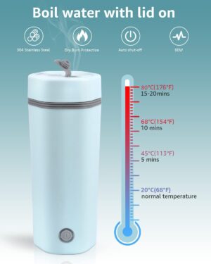 Oshotto 12V Portable Electric Water Bottle for Hot Water Tea Coffee Kettle Mug Multipurpose Food Grade Fast Boil Auto Shut-off For Travel Camping, Road Trip for Cars (350ml) - White - Image 6