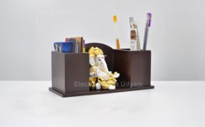 Electrum Kala udyam Ganesha with MDF Pen Stand/Card/Mobile Holder - Desk Organizer, Business Card Holder, Smartphone Stand (GOLDWHITEGADDISTAND1) - Image 6