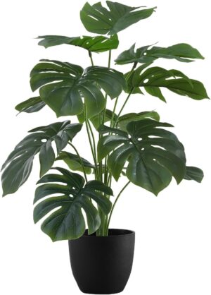 Dekorly Plastic Artificial Palm Plants Leaves Faux Turtle Leaf Fake Monstera Tropical Large Palm Tree Leaves Outdoor Leaf Decorations | 26Inch Plants with Blackpot (Green) - Image 2