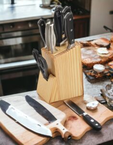 SWH Wooden Knife Stand/Holder with 6 Universal Knife Slot, 1 Sharpener Rod & Scissor Slot Each- Knife Holder for Kitchen in Pine Wood - Image 7