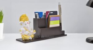 Electrum Kala udyam Ganesha with MDF Pen Stand/Card/Desk Organizer, Business Card Holder (GOLDWHITEMUKUTSTAND2) - Image 4