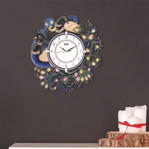 CIRCADIAN Ajanta Wooden Analog Wall Clock Design for Home Hall Living Room Decor Office Kids Bedroom Stylish Ethnic Antique Decorative Blue Colour Peacock 36 * 36 cm (Pack of 1) - Image 6