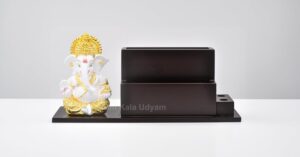 Electrum Kala udyam Ganesha with MDF Pen Stand/Card/Desk Organizer, Business Card Holder (GOLDWHITEMUKUTSTAND2) - Image 2