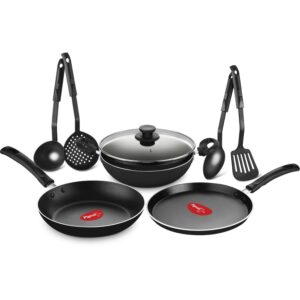 Pigeon Mio Nonstick Aluminium Cookware Gift Set, Includes Nonstick Flat Tawa, Nonstick Fry Pan, Kitchen Tool Set, Nonstick Kadai with Glass Lid, 8 Pieces Kitchen Set (Black) - Image 2