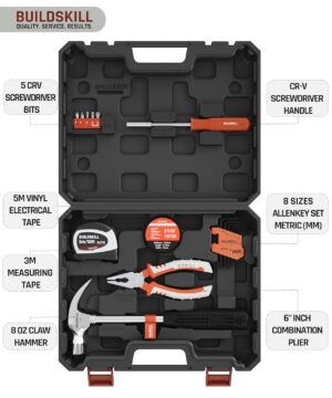 BUILDSKILL 18 Pieces Hand Tool Kit for Home | 3 Meter Auto Measuring Tape | Electrical Tape | Claw Hammer | Screw Driver Handle | Allen Key Set | Plier | Multi-purpose Tools Kit For Home Use - Image 3