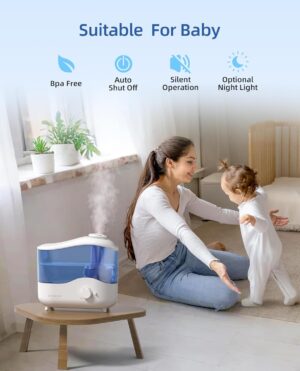 ASAKUKI Cool Mist Humidifiers for Bedroom - 4L Water Tank, Baby, Office, Quiet Ultrasonic Air Vaporizer, Adjustable Mist, 360 Nozzle Rotation, Auto-Shut Off, Humidifier Easy Fill and Clean -Blue - Image 4